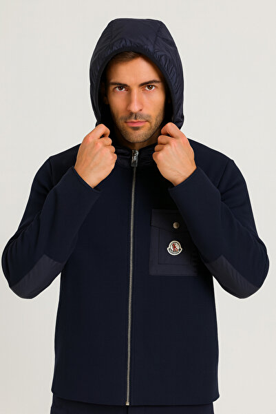 YusGos Men's Back and Arm Knitted and Arm Patched Raincoat Hooded High Quality Coat Jacket