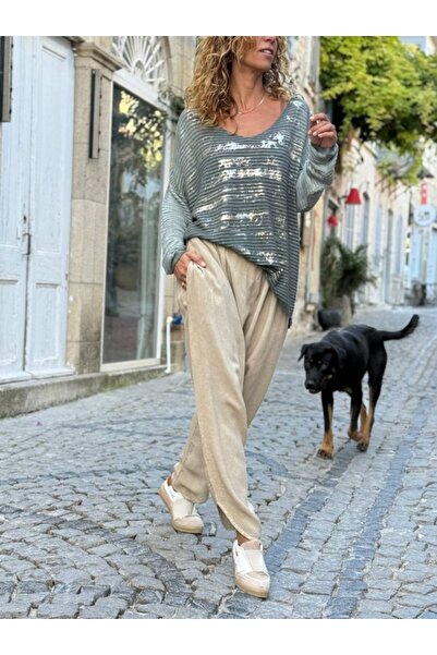 Güneşkızı Bronze Color Pocketed Washable Soft Textured Brode Elastic Waist Baggy Cotton Casual Trousers 100 35