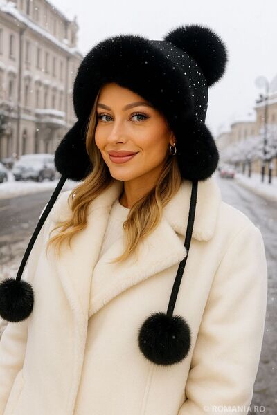 BALIENTE Black Soft Textured Women's Beanie with Stones and Pompoms