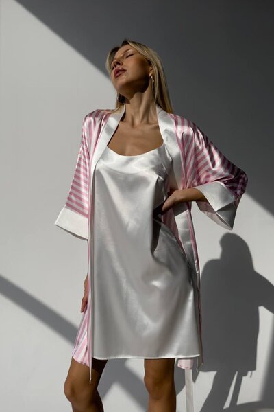 Genel Markalar KLASİK PUDRA ASKILI GECELİK & PEMBE ÇİZGİLİ SABAHLIK