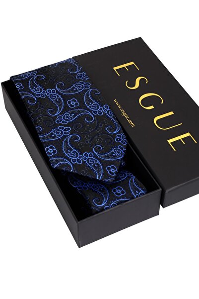 Esgue 8 cm Hand Made Black - Blue Shawl Pattern Handkerchief Tie