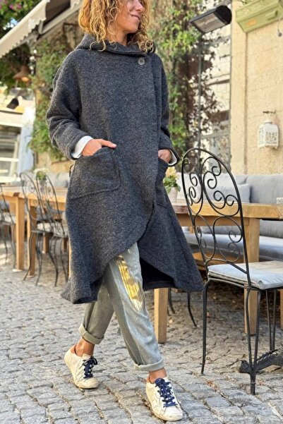 Güneşkızı Italian Anthracite K Hooded Buttoned Casual Coat with Oval Skirt and Pockets 100 55