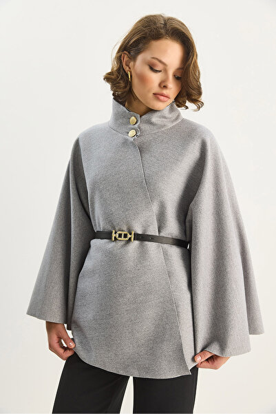 Bianco Lucci Women's Gold Button Detailed Mock Neck Belted Poncho 60282033