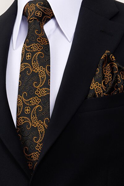 Esgue 8 cm Hand Made Black - Gold Shawl Patterned Handkerchief Tie