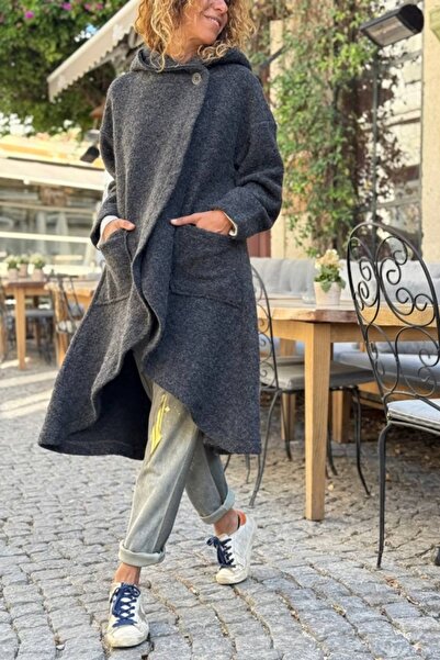 Güneşkızı Італійський антрацитовий капюшон з кишенями, овальна спідниця, ґудзики, кашемір, вільний крій, 100 55