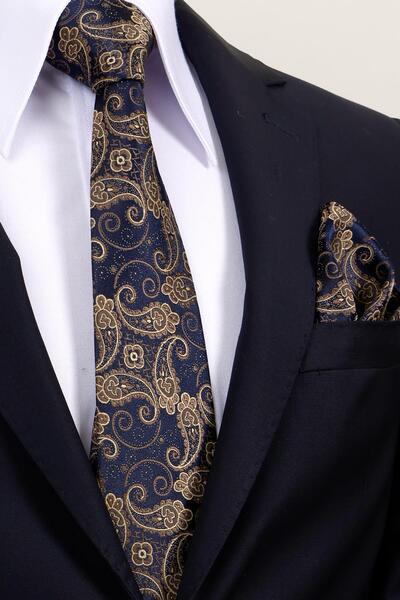 Esgue 8 cm Hand Made Navy Blue - Beige Shawl Pattern Handkerchief Tie