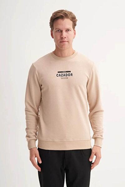 Cazador Slim Fit Unlined Cotton 3 Thread Beige Men's Sweatshirt 53980