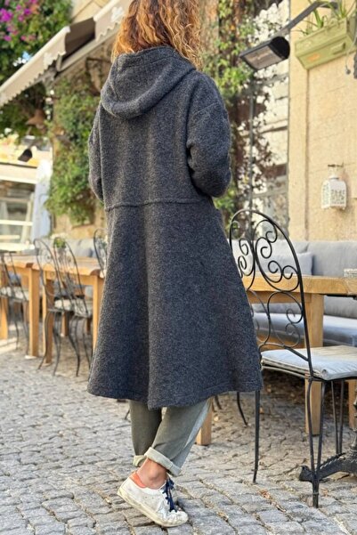 Güneşkızı Італійський антрацитовий капюшон з кишенями, овальна спідниця, ґудзики, кашемір, вільний крій, 100 55