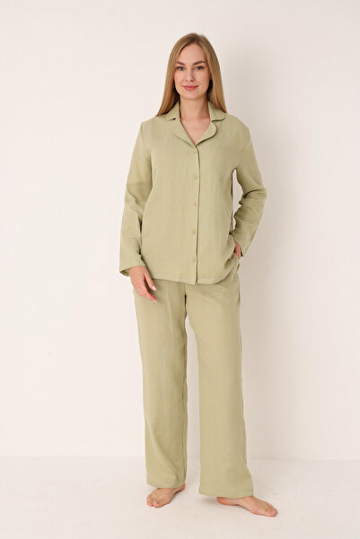 NBB Muslin Women's Pajama Set with Shirt Collar, Long Sleeves