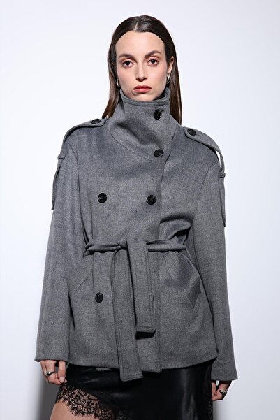 Antioch Gray Mock Neck Double-Breasted Women's Coat