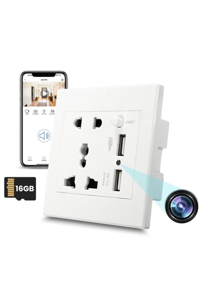 iUni Cameră spion PR2 universală cu priză de perete, Wi-Fi, 16GB, Full HD, 2 porturi USB-A