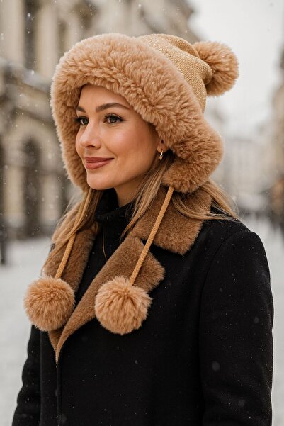BALIENTE Camel Soft Textured Women's Beanie with Stones and Pompoms