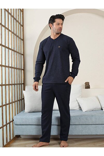 ALİMER Erkek Pijama Takımı - Lacivert Çizgili Kışlık İnterlok 1221UK