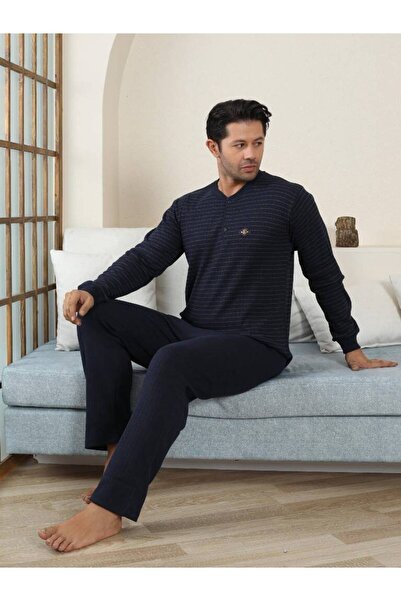 ALİMER Erkek Pijama Takımı - Lacivert Çizgili Kışlık İnterlok 1221UK