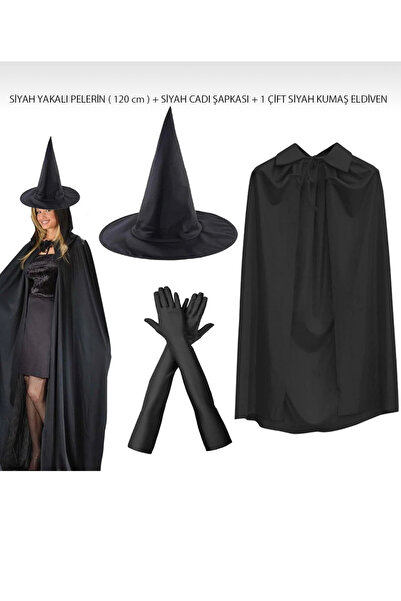 DüşlerÜlkesi Cadılar bayramı siyah 120 cm pelerin cadı şapka eldiven set