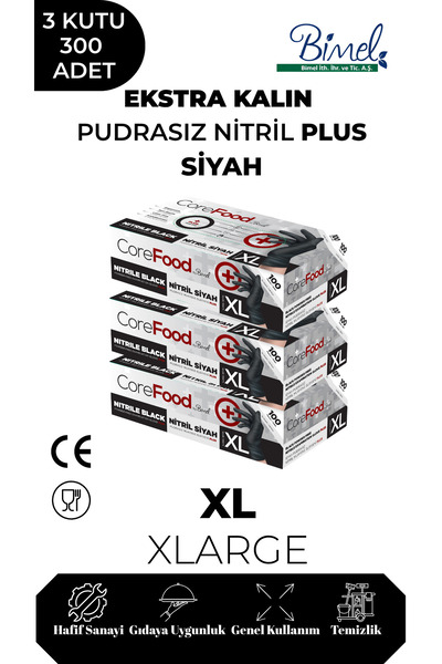 COREFOOD Ekstra Kalın Nitril Siyah Plus Muayene Eldiveni XL - 3 Paket 100'lü