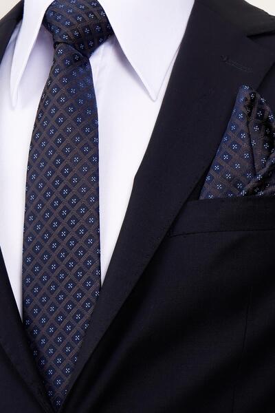 Esgue 8 cm Hand Made Brown - Navy Blue Motif Patterned Handkerchief Tie