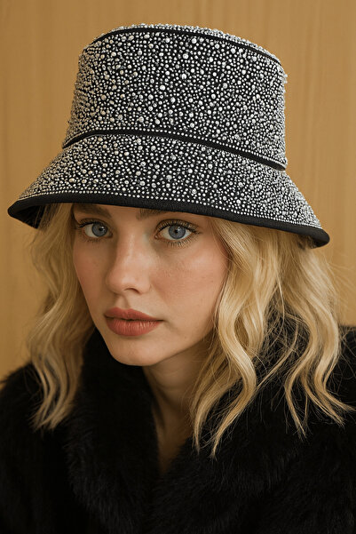 TAKIŞTIR Black Color Stone Detailed Design Hat