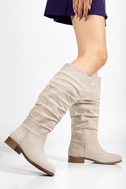 FEMME Kadın Yuvarlak Burun Körüklü Günlük Çizme İwez Bej Süet