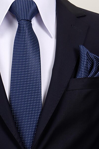 Esgue 8 cm Hand Made Navy Blue - Blue Dot Patterned Handkerchief Tie