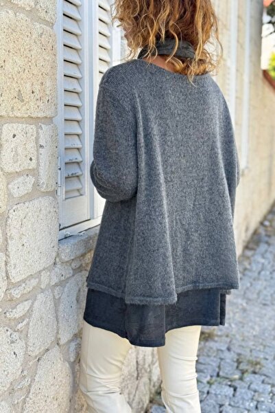 Güneşkızı Italian Anthracite Boat Neck Double Layered Scarf Wool Blend Loose Sweater 75 55