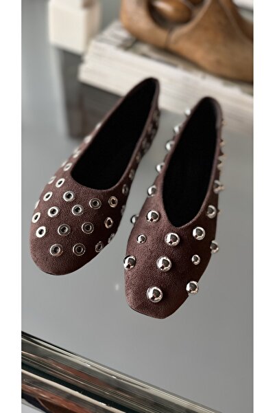 Eataly Shoes Velvet Acıkahve Square Shape Silver Round Buckle Accessory Ballerina Shoes