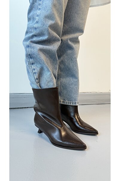Eataly Shoes Acıkahve Cilt Deri Kadın Kısa Topuk Botie