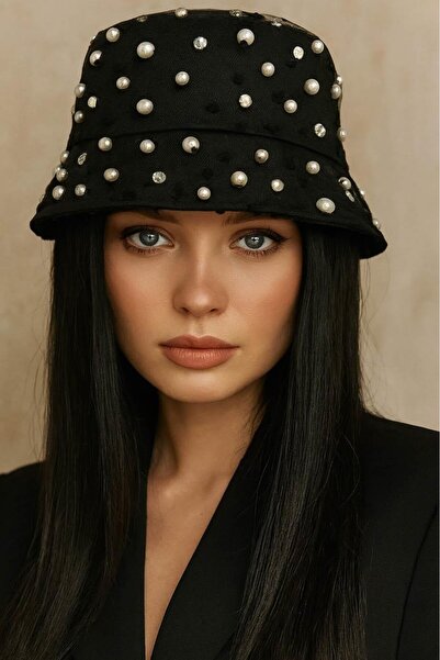 TAKIŞTIR Black Color Pearl Detailed Design Hat