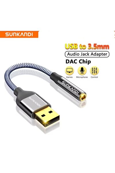 SUNKANDI Usb To 3.5mm Jack Aux Kulaklık Çevirici Dönüştürücü Hi-Fi Ses+Dac Çi...