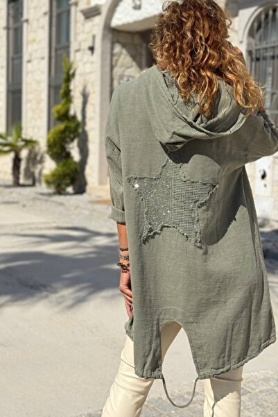 Güneşkızı Jachetă largi din bumbac, kaki cu glugă cu aplicație de stea, cu șireturi la tiv, 90 65