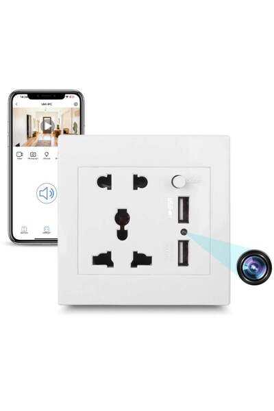 iUni Cameră spion PR2 universală cu priză de perete, Wi-Fi, Full HD, 2 porturi USB-A, slot card MicroSD