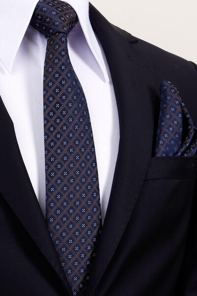 Esgue 8 cm Hand Made Brown - Navy Blue Motif Patterned Handkerchief Tie