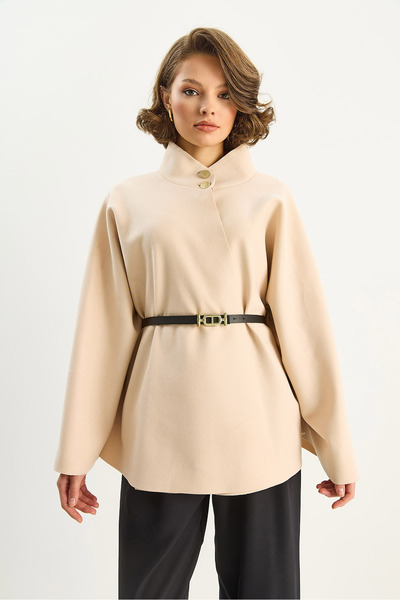 Bianco Lucci Women's Gold Button Detailed Mock Neck Belted Poncho 60282033