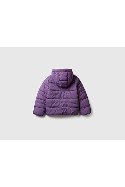 United Colors of Benetton Girl's Purple Left Chest Logo Embroidered Pocket K Hooded High Collar Coat