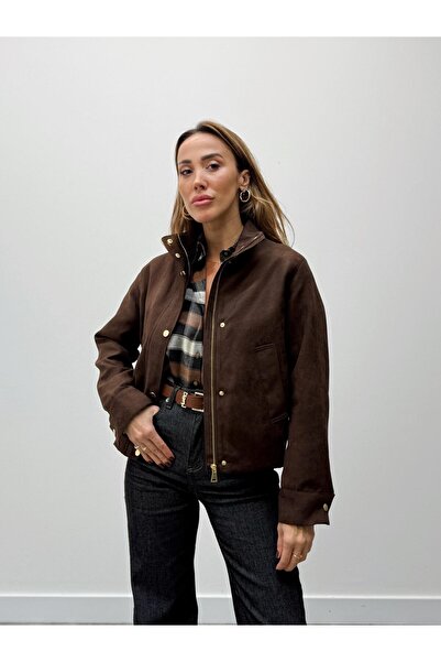 Maldia Shop Women's Suede Fabric Arden Bomber Brown Jacket