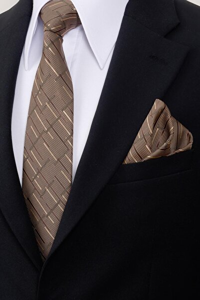 Esgue 8 cm Hand Made Brown - Beige Striped Patterned Handkerchief Tie