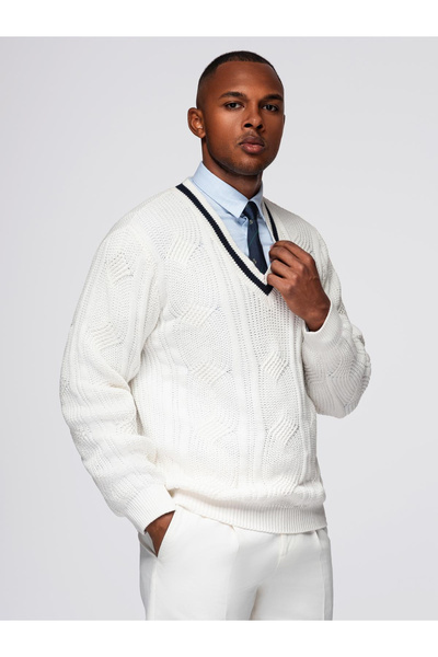 OMBRE Pulover tricotat cu împletitură și decolteu în V pentru bărbați - Alb v1 OM-SWSW-0151