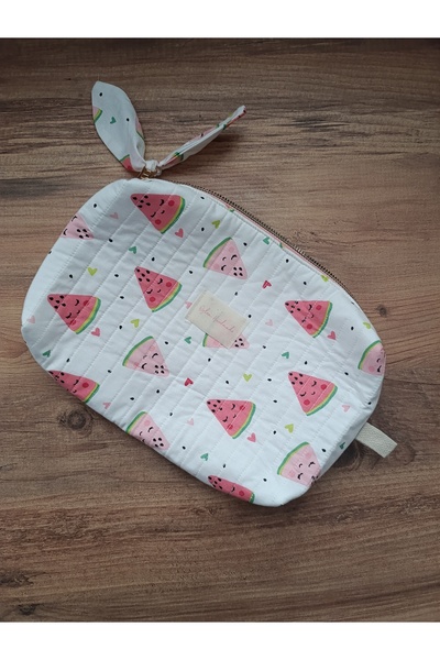 ÖZLEM HANDMADE حقيبة مكياج كبيرة الحجم بنمط البطيخ والقلب، حقيبة سفر 25*15*6