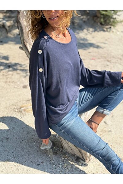 Güneşkızı Італійський синій светр з коміром-стійкою, м'якою фактурою, ґудзиками на плечах, з вовняною сумішшю, вільного крою 70 60