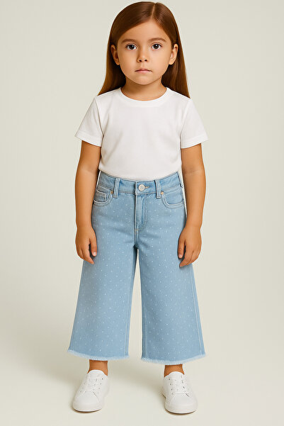 GULLİS KİDS بنطلون بناتي واسع الساق من تاكت مطبوع مع تفاصيل شق مزينة بالشراشيب