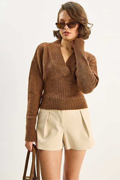 Bianco Lucci Women's V-Neck Waist Fitted Ribbed Knit Sweater 5080 60283586