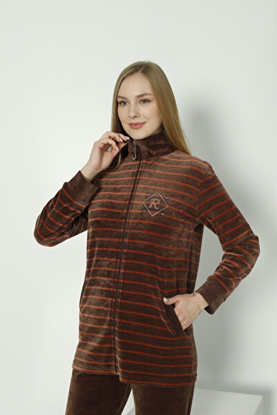 ROMEO LİFE Γυναικείο Σετ Φούτερ Μεγάλου Μεγέθους Ριγέ Βαμβακερό Βελούδο - Πλακάκι 2289