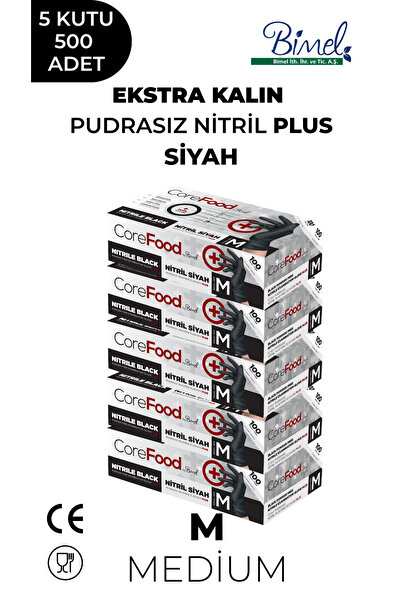 COREFOOD Ekstra Kalın Nitril Siyah Plus Muayene Eldiveni M - 5 Paket 100'lü