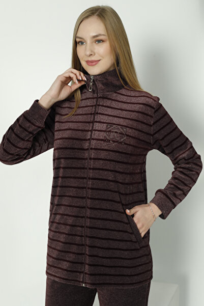 ROMEO LİFE Γυναικείο Σετ Φόρμας Μεγάλου Μεγέθους Ριγέ Βαμβακερό Βελούδο - Βουργουνδία 2289