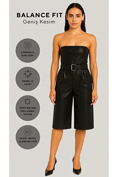FARREN Kadın Siyah Şardonlu Suni Deri Yüksek Bel Kemerli Bermuda Pantolon