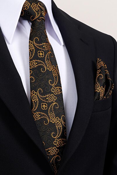 Esgue 8 cm Hand Made Black - Gold Shawl Patterned Handkerchief Tie