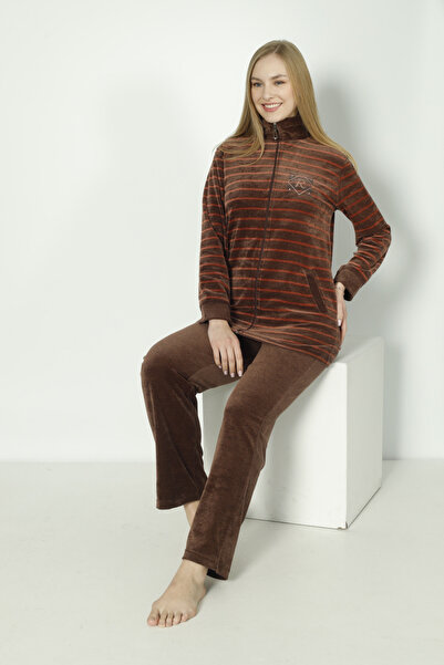 ROMEO LİFE Γυναικείο Σετ Φούτερ Μεγάλου Μεγέθους Ριγέ Βαμβακερό Βελούδο - Πλακάκι 2289