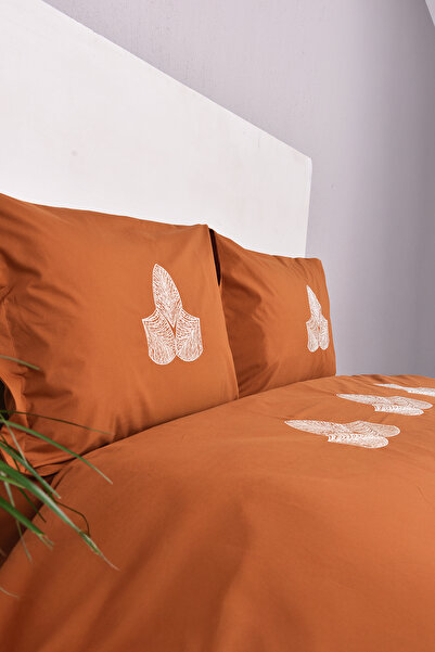 Setekshome Leaf Embroidered Double Bedspread Duvet Cover Set Tan 100% Cotton