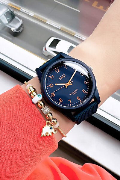 Q&Q 10 Atm Water Resistant Quartz Women's Wristwatch Navy Blue Silicone Band - Gift Bracelet Qqb2001C5