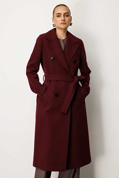 Ekol Belted Double-Breasted Collar Coat Burgundy 06063